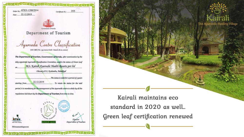  Green leaf certificate received by Kairali- The ayurvedic healing village